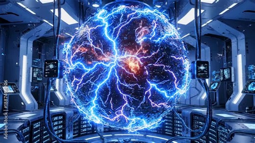 high tech lab pulsating energy core, electric blue plasma sphere with crackling arcs, containment chamber hums, diagnostic consoles display telemetry, engineer console simulates fusion test