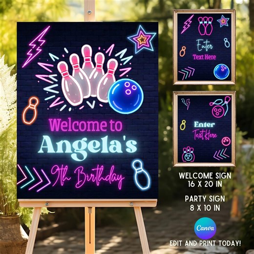 Neon Bowling Welcome Sign, Glow in the Dark Birthday Party Poster, Colorful Kids Bowling Decor, Editable Canva Template, Printable Sign - Etsy