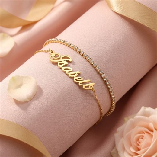 Personalized Name Bracelet With Tennis Chain, Double Layered Custom Name Zircon Bracelet, Gold Silver, Mothers Day Gift for Her - Etsy