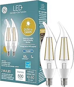GE LED+ CA11 Dusk to Dawn LED Light Bulbs, Automatic On/Off Outdoor Security Lights, Daylight, E12 Candelabra Base (2 Pack)