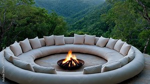 A circular couch surrounds a fire pit, offering a unique view of the lush green mountains