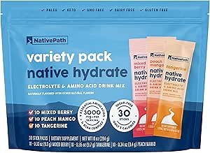 NativePath Native Hydrate Stick Packs with Electrolytes and Amino Acids, Variety Pack, Mixed Berry, Peach Mango, Tangerine, 30 Servings