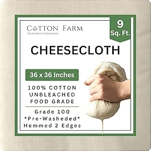 Cotton Farm Grade 100 XL Cheese Cloth - Straining & More; 36x36 Inch; 100% Unbleached Cotton Cheesecloth; Reusable with Hemmed 2 Edges; Ultra-Dense (the finest) Butter Muslin
