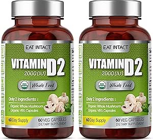 Organic Vegan Whole Food Vitamin D2 (2 Pack), 2000 IU (50 mcg), Two Ingredients (Organic Whole Mushroom Organic Vegan Capsule), Non-GMO, 120 Days Supply