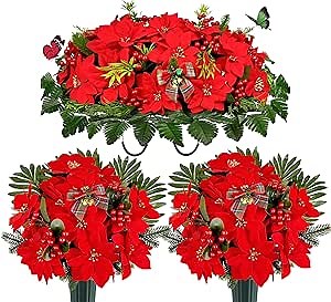 Christmas Cemetery Flowers Saddle for Grave Decoration, Xmas Red Poinsettia Berry Headstone Flower Saddle,Realistic Memorial Bouquets