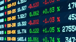 Close-up currency board with exchange rates and percentage changes, partly blurred. Price information, US dollar, Euro, British pound, Japanese yen on the screen.