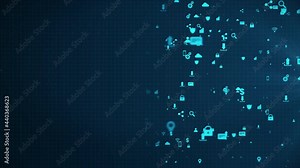 Business and information technology icons set floating moving from right to left. Hi tech digital icons IoT internet of things cyberspace background animation concept - Space for Text. Seamless loop.