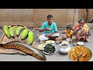 cooking moringa leaves and SNAKE HEAD fish curry with green banana by tribe village women