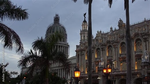 Historic architecture of the National Capitol Building and the Great Theater in the city of Havana Cuba