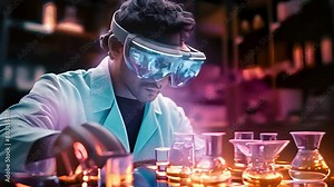 scientist in laborA scientist wearing an augmented reality headset is operating a holographic table with virtual beakers and test tubes, showcasing the integration of AR technology in scientific atory