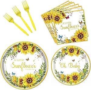 Rakuto Sunflower Baby Shower Decorations Supplies, 96PCS Disposable Paper Party Plates and Napkins Set, A little Sunflower is on the Way Tableware for Party Serves 24