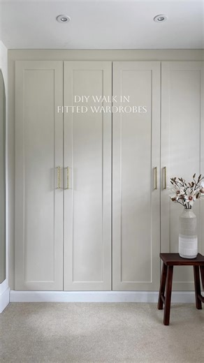 Vicky Robinson on Instagram: "DIY walk in wardrobes ✨🤎 Modular shaker wardrobes x 4 (my husband and I have two each side of the dressing room) & drawers/components - £1200 @homebase_uk We then built a frame to box it all in and then built the wardrobes to sit on on top - £30 of wood to build We added the different components and then used MDF to fit around it to give the boxed in look. MDF cost - £50 per large sheet that we cut down. We primed this (@zinsser_uk is our go to, we had this in) & p
