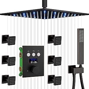 Oil Rubbed Bronze Full Body Shower System 12" Ceiling LED Shower Faucet Set With Thermostatic Digital Display Mixer Diverter Valve Trim Kit and 6PCS On-Off Shower Body Jet Can Work Together