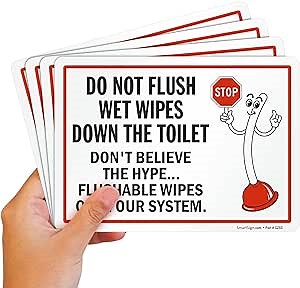 SmartSign (Pack of 4) 5 x7 inch “Do Not Flush Wet Wipes Down The Toilet, Clog System” Labels, 5 mil Laminated Polyester with SuperStick Adhesive, Red, Black and White, Made in USA