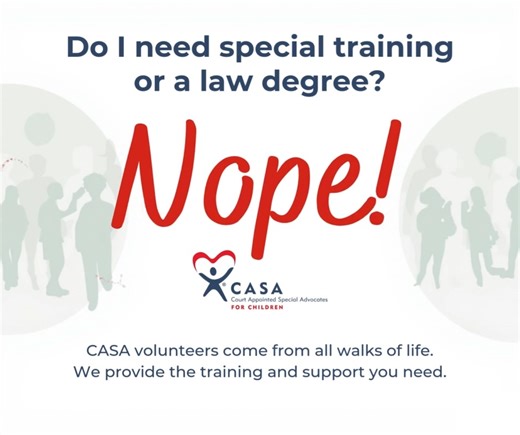 ❓ Do I need special training or a law degree? Nope! CASA volunteers come from all walks of life. We provide the training and support you need to be successful. All you need is compassion and commitment. ✨ https://casagrayson.com/volunteer/ #CASAGrayson #ChangeLives #NoExperienceNeeded #CASATraining #CommunityImpact | CASA of Grayson County, Inc.