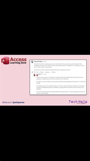 There's no magic setting to force Access to always start databases in new processes. By default, Windows reuses the existing Access session. If you want true isolation, create custom shortcuts - one for each database! #MSAccess #VBA https://599cd.com/QQ93