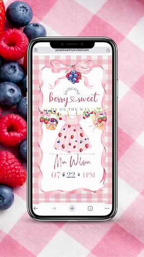 Berry Sweet Baby Shower Invitation with Online RSVP 🍓✨ Looking for a strawberry or berry theme baby shower invitation for a baby girl? This Berry Sweet Baby Shower Digital Invitation Template includes: ✔ Online RSVP tracking ✔ Live countdown timer ✔ Google Maps link ✔ Music integration ✔ Fully editable Canva template Perfect for a pink gingham baby shower, strawberry theme party, or summer baby girl celebration 🍓 Soft pastel pink. Bows. Berries. Cute cottagecore aesthetic. Skip paper invitatio