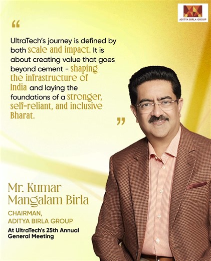 Marching towards a milestone that goes beyond numbers. With UltraTech Cement set to cross 200 MTPA capacity by FY26, one year ahead of schedule, our Chairman, Mr. Kumar Mangalam Birla, highlights scale, speed, and responsibility. At the 25th Annual General Meeting of UltraTech, Mr. Birla shared that UltraTech is more than India’s largest cement company, it is also the backbone of highways, homes, bridges, and cities that power the nation’s infrastructure future and cement India’s leadership in t