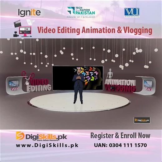 DigiSkills.pk on Instagram: "Create Video Content That Truly Connects! Join DigiSkills.pk FREE Video Editing, Animation & Vlogging Course and learn how to create professional videos, engaging animations, and meaningful vlogs. Turn your creativity into a real career opportunity. Enroll Now! Completely FREE courses — but seats are limited! To register and enroll, visit the following link: https://www.digiskills.pk/Register.aspx #SaraJahanHamara #DigiSkillsPk #Ignite #VirtualUniversity #MOITT #Earn