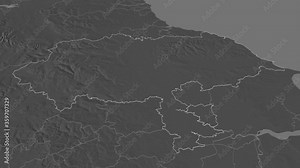 North Yorkshire, administrative county with its capital, zoomed and extruded on the bilevel map of England in the conformal Stereographic projection. Animation 3D