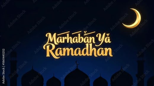 A nighttime scene with a crescent moon and a mosque silhouette, featuring the text 'Marhaban Ya Ramadhan' in golden script, conveying a serene and Islamic Ramadan greeting.
