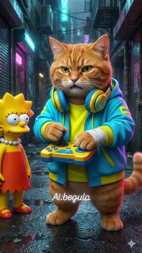 Begula on Instagram: "Prompt :- Ultra-detail, hyper-realistic, super cinematic, 16K quality, 9:16 vertical aspect ratio, a young male cat (face and hair 100% according to reference) with a tense focused expression while both hands hold a yellow-blue joystick, wearing large yellow-blue headphones resting around his neck, neon blue hoodie jacket with yellow accents, bright inner shirt, bandage on his arm, beside him a life-sized realistic Lisa Simpsons character"