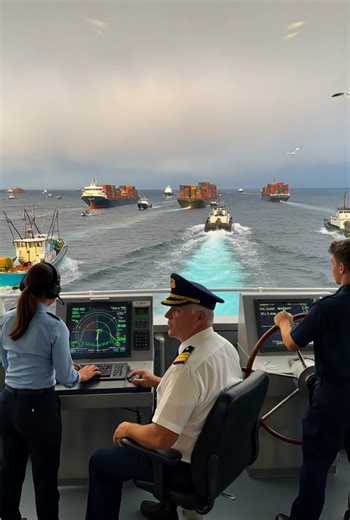Experience an ultra-realistic internal bridge view from a cargo ship. The captain gives commands while the crew actively manages navigation systems and radar. Through the front windows, busy sea routes filled with cargo ships, tugboats, and fishing boats are visible. Unique elements include morning fog, sunlight rays, rainbow reflections, bioluminescent water, seagulls, distant lightning, and drone reflections, creating a dynamic and engaging maritime scene. Natural engine hum, radar beeps, sea 