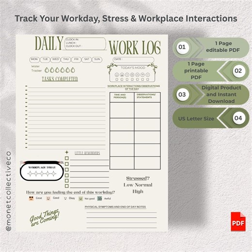 Daily Work Log, Job Activity Log, Printable Work Log, Employee Work Tracker, Mood Tracker, Workplace Observation Log, Productivity Planner - Etsy