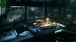 Future Military Radar Ui Locates Position Of Aircraft Carrier Stationed At Naval Base. Future Military Surveillance Radar Scans Location. Future Radar Technology In Military Command Room