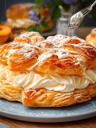 5.2K views · 60 reactions | 縷✨ Peach Cream Puff Pastry Cake Light, flaky layers filled with creamy goodness and sweet peaches — this easy dessert looks stunning and tastes even better!  Perfect for summer gatherings, tea time, or a quick no-fuss treat. | All Grandma's Recipes | Facebook