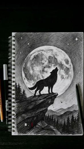 Wolf With Moon Drawing by! Ranbir #art #wolfdrawing #drawing #sketch #shorts #1million #1