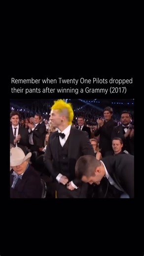 Real History on Instagram: "At the 2017 Grammy Awards, Twenty One Pilots shocked the audience in the most on-brand, chaotic way by dropping their pants on stage after winning Best Pop Duo/Group Performance for Stressed Out. As Tyler Joseph and Josh Dun walked up to accept the award in their underwear, it turned out the stunt was tied to an old promise they had made years earlier—that if they ever won a Grammy, they’d accept it pantsless. The moment was absurd, unexpected, and instantly iconic, p