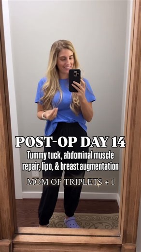Natalie | Mom Life & Finds | Post-Op day 14 after tummy tuck, muscle repair, lipo, and breast augmentation. Polly pocket has left the building! She is no longer... | Instagram