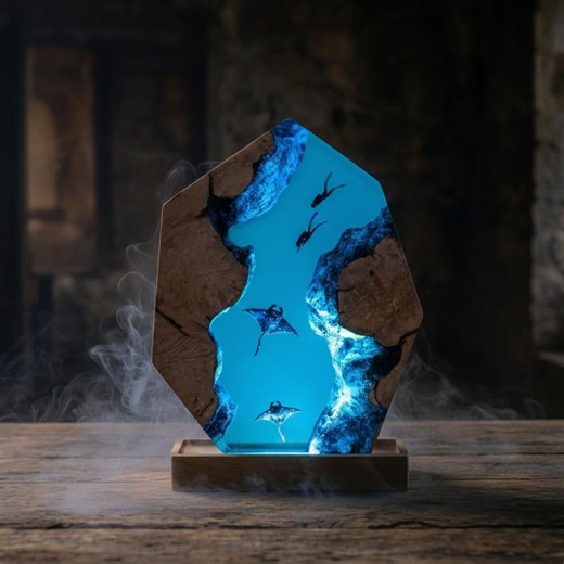 Ocean Resin Lamp With Manta Ray and Diver, Epoxy Wood Table Lamp, Underwater Resin Diorama, Nautical Home Decor, Unique Handmade Gift - Etsy