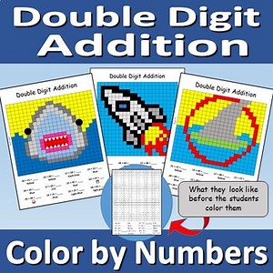 Double Digit Addition - Color by Numbers - Shark Fin, Shark Head, and a Rocket