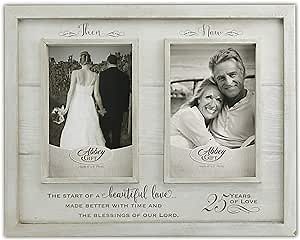 25th Anniversary Wood Photo Frame, 12 x 9.5-Inches, Holds 2 Then and Now Photos, Rustic White Woodgrain, By Abbey & CA Gift