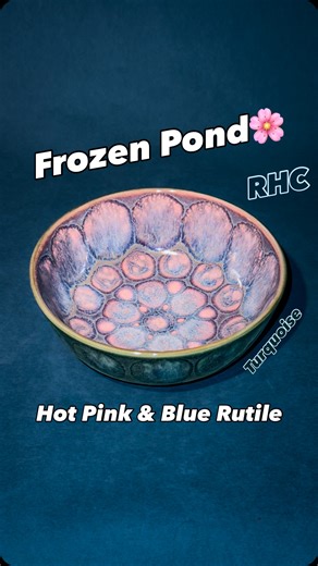 Samy Boulos - Pottery on Instagram: "End Result included!🔥 Frozen🌸Pond-Style Bowl with Blue Rutile over Hot Pink (inside) & Turquoise (outside)!🥳 With Running Hot Chowder (RHC) dots between the two glazes — and I‘m pretty happy with the result👍🙂! It’s very interesting how RHC mostly reveals the base glaze on the spots — in an interesting pattern, not just a completely open glaze window through the cover glaze — but still, it is not really reacting much with the base glaze otherwise 🙂. Fasc