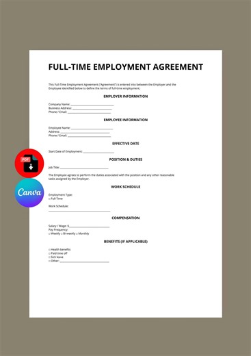 Full Time Employment Agreement | Employee Work Contract US | Editable PDF Template - Etsy
