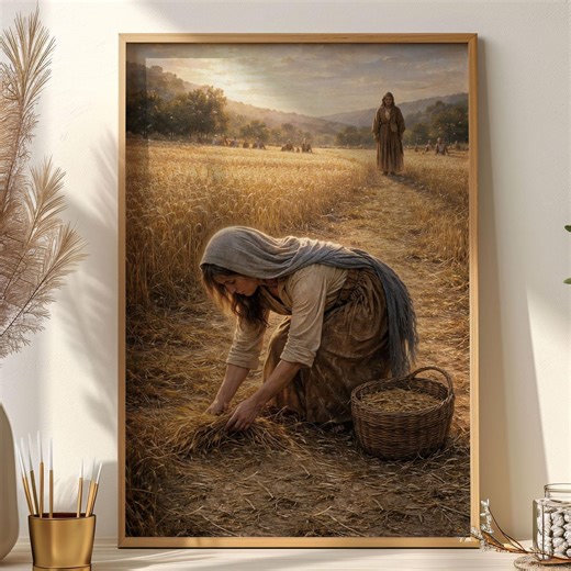 Ruth Gleaning in the Field Wall Art, Boaz and Ruth Poster, Book of Ruth Print, Faith Based Printable, Biblical Artwork
