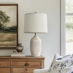 USumkky 24.5" Vintage Ceramic Table Lamp - Single Farmhouse Rustic Bedside Lamp with Natural Textured Finish, Nightstand Lamps for Living Room, Bedroom, End Table, Office White