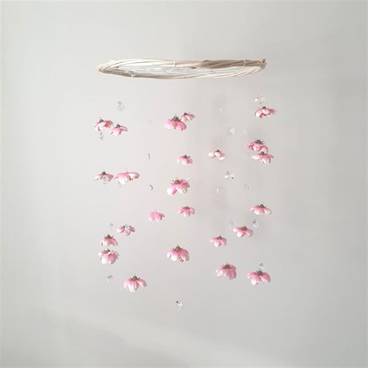 Cherry Blossom Mobile, Crystal and Flower Mobile, Sakura Mobile, Pink Flower Mobile, Flower Baby Mobile, Mobile Cherry Blossom,Floral Mobile