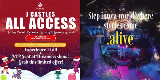 J CASTLES ALL ACCESS – DECEMBER PROMO 🎄 🌟 Discover the Ultimate J Castles Experience Enjoy an all-access day at J Castles with immersive exhibits, exciting shows, and kid-approved fun — perfect for families, barkadas, and dreamers of all ages. What Makes This Promo Special: ⭐ VIP DREAMERS: Nighttime Spectacle of Lights Seats Enjoy the show up close with VIP seating, featuring stunning lights, music, and storytelling that bring the Castle to life every night. 🎤 J IMMERSIVE TALK SHOW Join J for