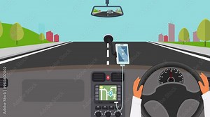 2D animation of Moving road landscape from car dashboard. moving car on a highway road, view from inside the car. Driver talking on Bluetooth from while driving. 4K video