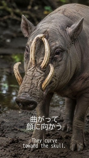 このイノシシ、牙が顔を貫くことがあります