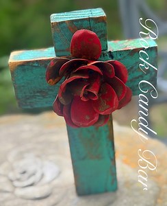 Rustic Turquoise Wooden Wall Cross | Red Metal Rose | Vintage Christian Decor | Handmade Farmhouse Wall Art - Etsy