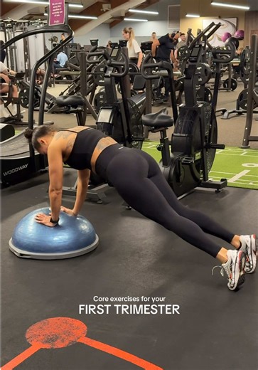 Core work in trimester 1 looks like this ⬇️ In trimester 1 we focus on: ✨Breathing mechanics (rib and diaphragm movement) ✨Deep core engagement (TVA, pelvic floor, obliques) ✨Control in every movement (using your core in every and any exercise you do) ✨Positions that don’t increase unnecessary pressure Core work here looks more like: ✅Bird dog variations ✅Bosu ball adds controlled instability ✅Heel slides/heel taps ✅Pallof presses (with block for pelvic floor engagement) ✅Side-lying or half-knee
