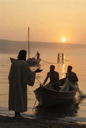 🌅 Mark 1:14-20: Jesus proclaims: “The kingdom is at hand. Repent and believe.” He calls Simon, Andrew, James, and John: “Follow me, I will make you fishers of men.” They leave everything and follow. Main lesson: Jesus calls ordinary people to drop everything and follow. The Kingdom is near—respond today. What is Jesus calling you to leave behind to follow Him today? [Jesus calling fishermen by the Sea of Galilee at dawn.]