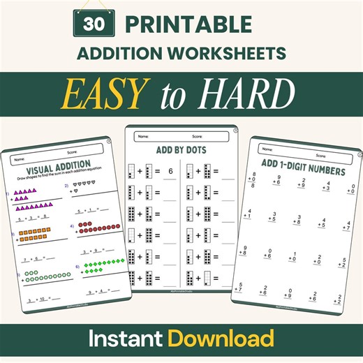 Addition Math Worksheets | Easy to Hard 30-pages Worksheets | Good for Grades 1-6 (PDF) - Etsy