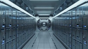 Download Secure high-tech data center hallway with rows of server racks and a futuristic vault door at the end, symbolizing strong digital security, information storage, and cyber infrastructure for free