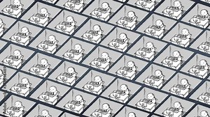 Cartoon office employees in cubicles – more people version. 4K, 4 x more employees. Workers in a big office. They are working all day with no break. Seamles loop of the futuristic society.